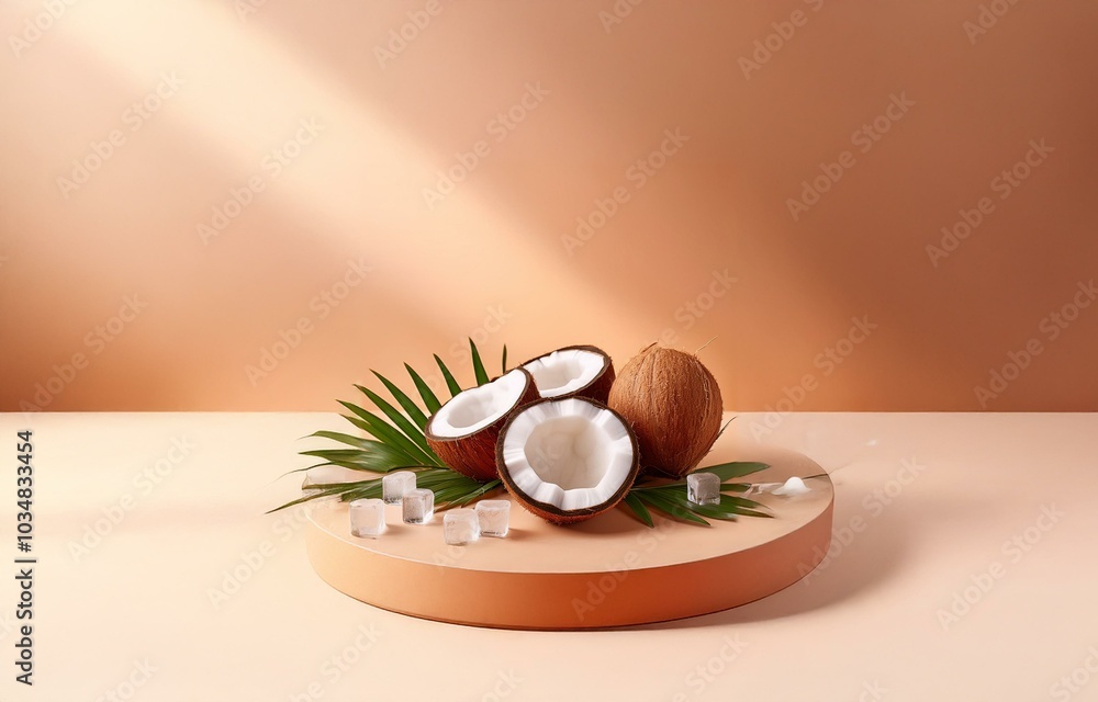 Coconut halves and a whole coconut with palm leaves and ice cubes on a light brown platform with a light brown background. Coconut halves and a whole coconut with palm leaves and ice cubes on a light brown platform with a light brown background.