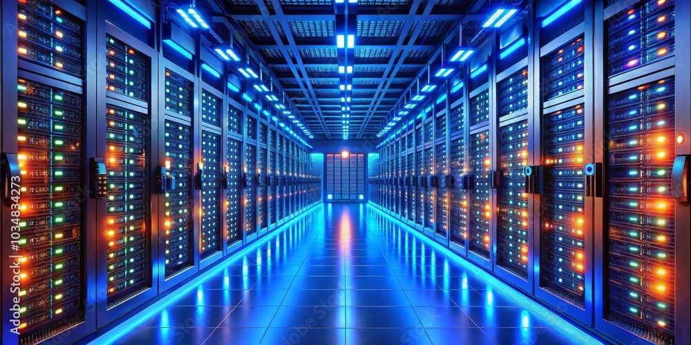 Blue and Orange Glowing Lights in Server Room, Data Center, Technology Blue and Orange Glowing Lights in Server Room, Data Center, Technology