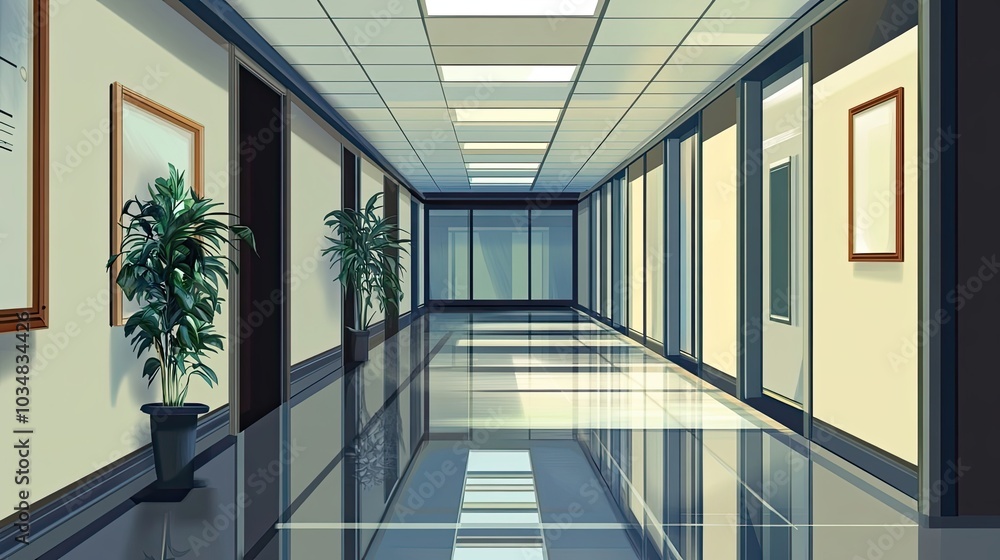 Obraz premium Empty Office Hallway with Plants and Sunlight Streaming Through Windows