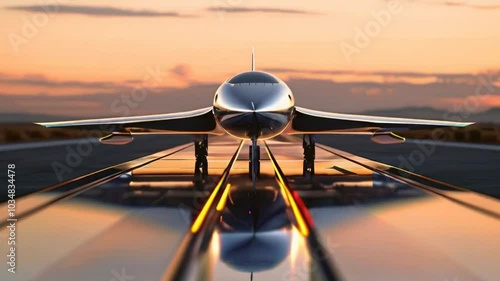 A shiny silver airplane taxiing down the runway at sunset, with reflection of the sky in the runway.