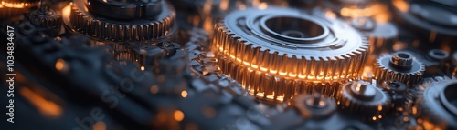 Intricate Close-Up of Glowing Mechanical Gears in Motion - Futuristic Industrial Technology Background with Metallic Details