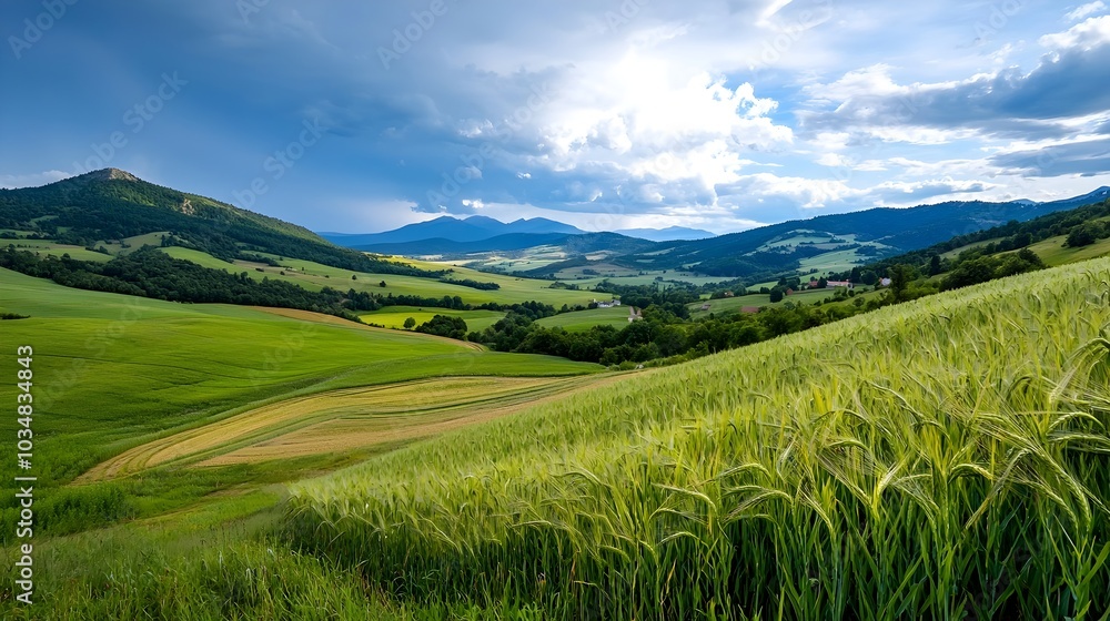Expansive countryside landscape showcasing lush verdant farmlands surrounded by rolling hills and a network of efficient modern irrigation systems Expansive countryside landscape showcasing lush verdant farmlands surrounded by rolling hills and a network of efficient modern irrigation systems
