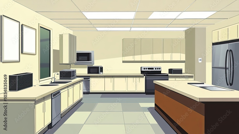 A Modern Kitchen with Beige Cabinets, Stainless Steel Appliances, and Tile Flooring A Modern Kitchen with Beige Cabinets, Stainless Steel Appliances, and Tile Flooring
