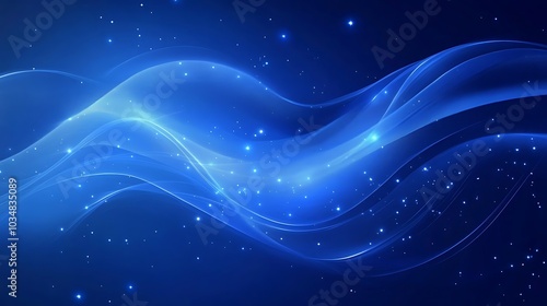 Abstract blue background with glowing waves and stars.