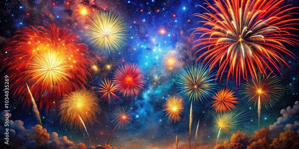 Fototapeta premium Fireworks Display Against a Starry Night Sky, Celebration, Night Sky ,fireworks ,night sky