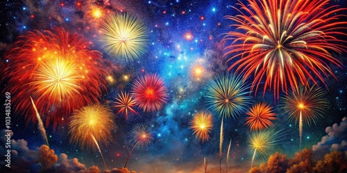 Fireworks Display Against a Starry Night Sky, Celebration, Night Sky ,fireworks ,night sky