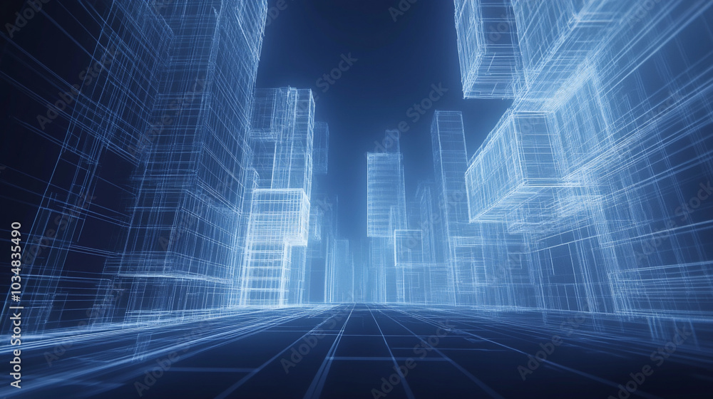 virtual architecture: a futuristic digital cityscape with buildings represented as wireframe structures, glowing in soft blue light virtual architecture: a futuristic digital cityscape with buildings represented as wireframe structures, glowing in soft blue light