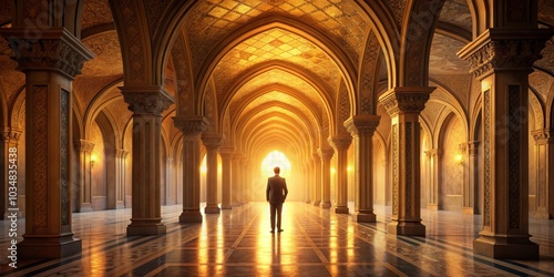 Wallpaper Mural Golden Arched Hallway with a Silhouette of a Man, architecture, interior design, hall, golden, light, columns Torontodigital.ca