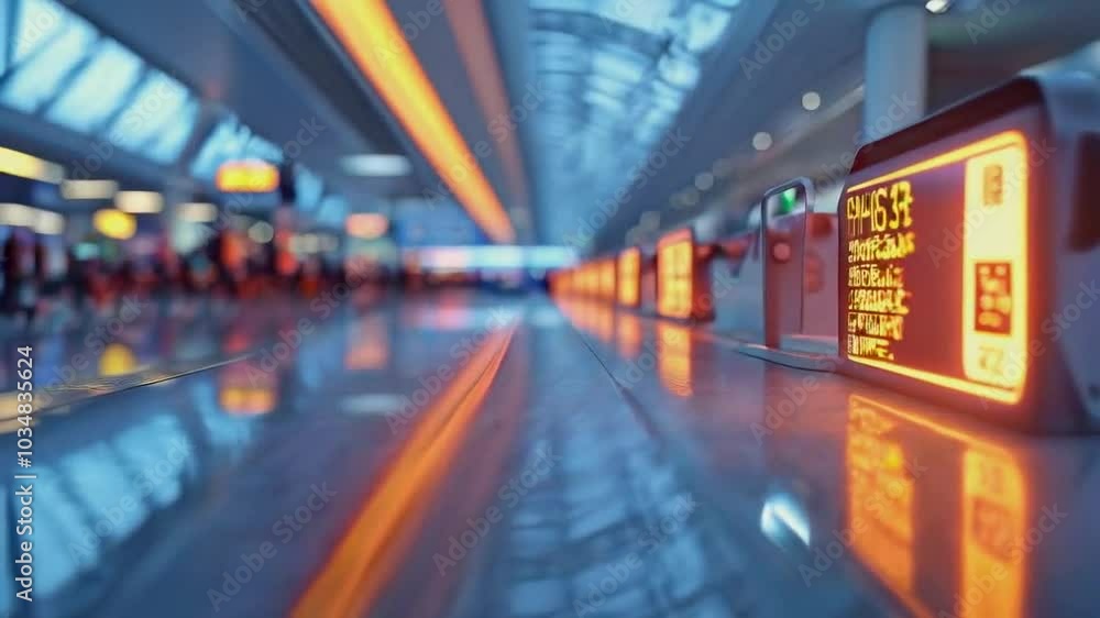 A glowing orange sign in a busy airport terminal with blurred people and reflections in the floor. A glowing orange sign in a busy airport terminal with blurred people and reflections in the floor.