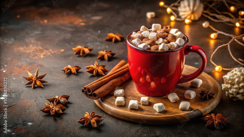 A cozy winter beverage with marshmallows and star anise resting on a rustic wooden tray A cozy winter beverage with marshmallows and star anise resting on a rustic wooden tray