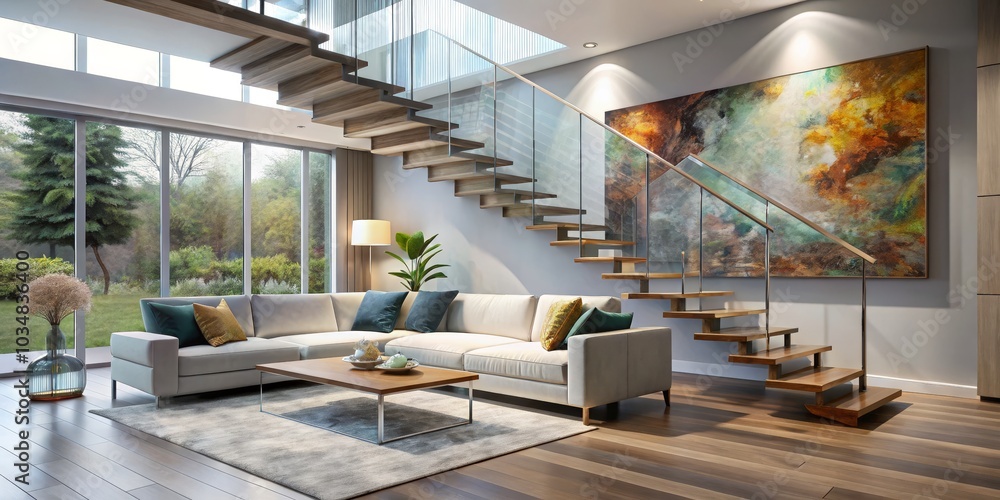 Fototapeta premium Modern Living Room with Wooden Stairs and Abstract Painting, interior design, home decor
