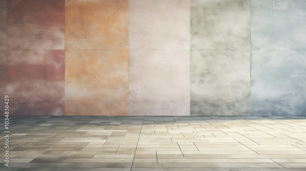 Fototapeta premium The interior features textured walls displaying gentle variations in color, illuminated by soft afternoon light that enhances the ambiance of the space