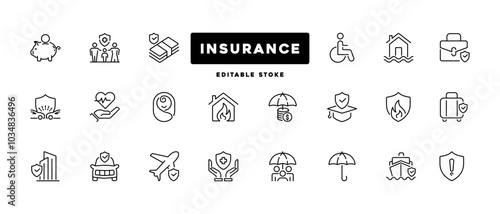 Insurance icon set. Containing healthcare medical, life, car, home, travel insurance icons.