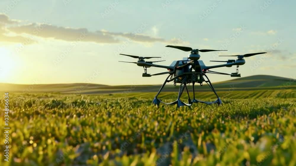 Drone standing in a field of green grass at sunset. Drone standing in a field of green grass at sunset.