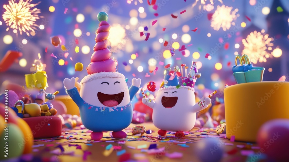 Fototapeta premium Cheerful Cartoon Characters Celebrate in 3D Scene