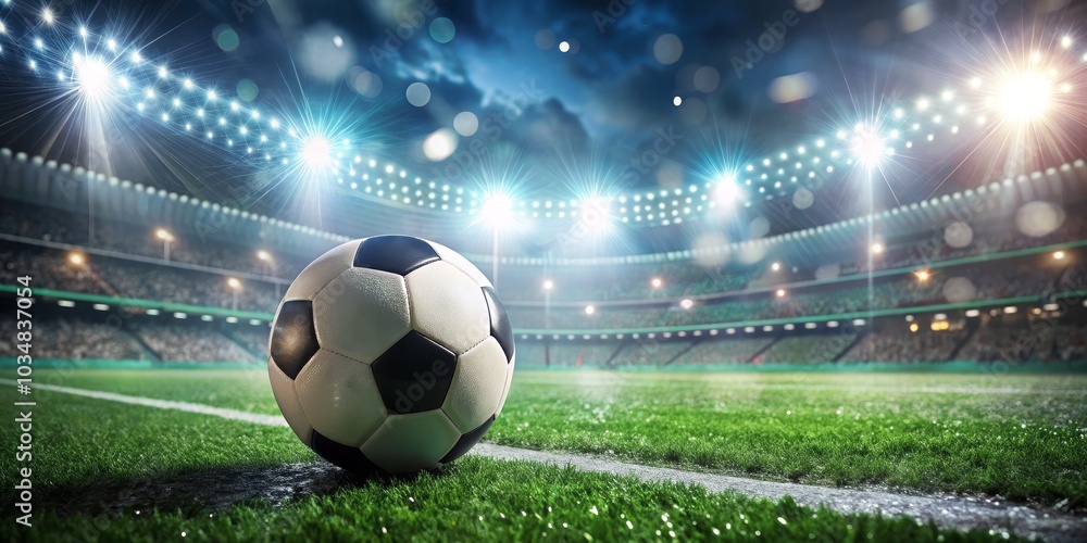 Obraz premium Soccer Ball on Stadium Field with Lights, football, soccer