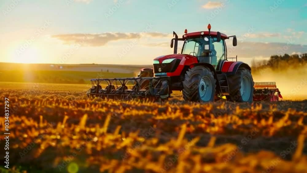 A red tractor plows a field at sunset, leaving a trail of dust behind it. A red tractor plows a field at sunset, leaving a trail of dust behind it.