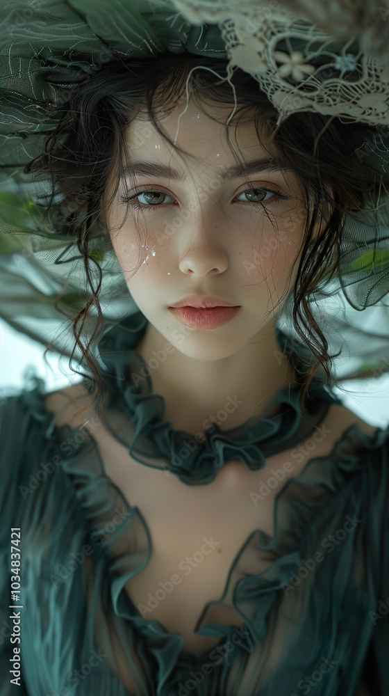 Elegant Woman in Green Dress with Lace Detail Elegant Woman in Green Dress with Lace Detail