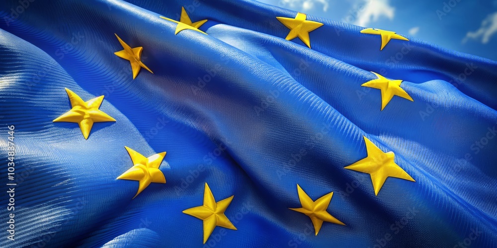Waving European Flag with Golden Stars, Symbol of Unity, European Union, EU Waving European Flag with Golden Stars, Symbol of Unity, European Union, EU