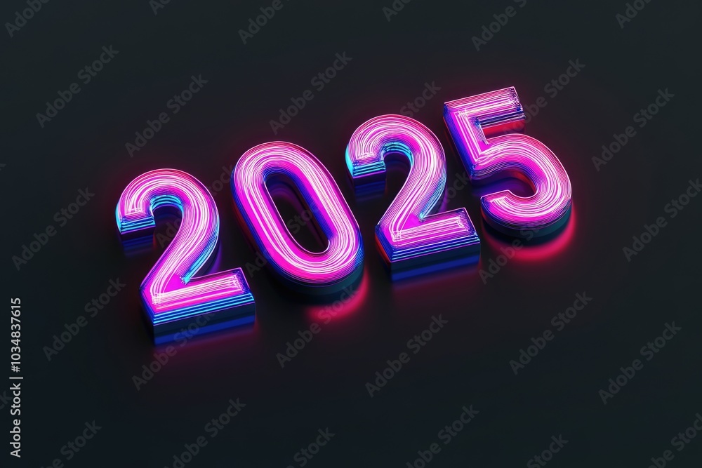 Neon 2025 Number Sign on a Black Background Neon 2025 Number Sign on a Black Background