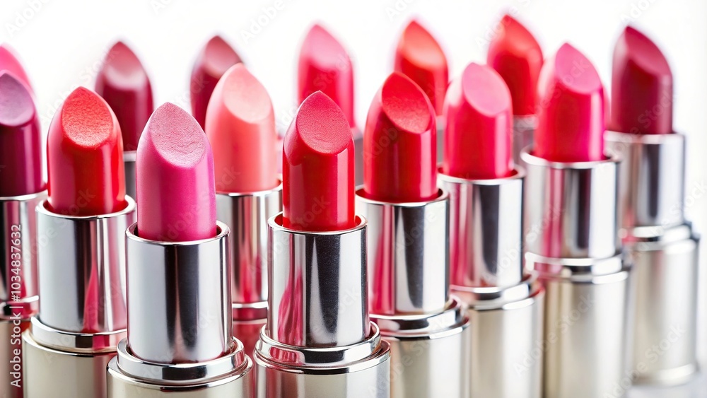 Red and pink lipsticks on white background with selective focus Red and pink lipsticks on white background with selective focus