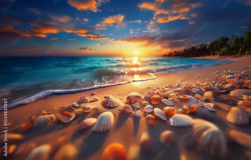 Seashells scattered on a sandy beach at sunset. The warm glow of the sun illuminates the shells, casting long shadows on the sand. Seashells scattered on a sandy beach at sunset. The warm glow of the sun illuminates the shells, casting long shadows on the sand.