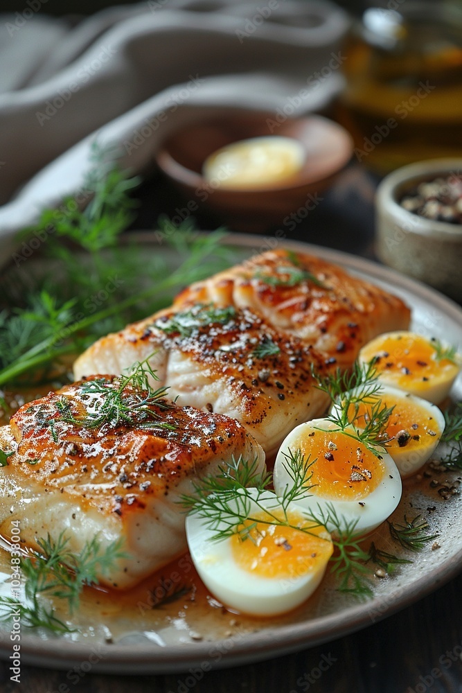A beautifully plated dish featuring fish, soft-boiled eggs, and fresh herbs. A beautifully plated dish featuring fish, soft-boiled eggs, and fresh herbs.