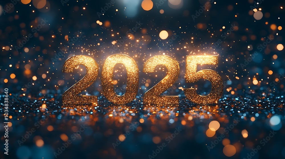 A luxurious “2025” text with glittery gold texture, surrounded by elegant stars and sparkles, delicate light particles floating around, subtle glow highlighting each number,