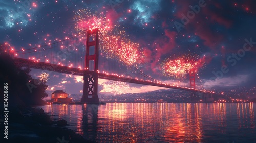 A magical New Year’s Eve fireworks show over the Golden Gate Bridge in San Francisco, vibrant fireworks reflecting off the water below, bright red and gold sparks bursting in the night sky,