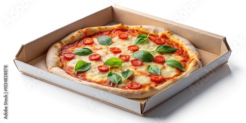 Top View Italian Pizza in Delivery Box Isolated on White Background with Clipping Path