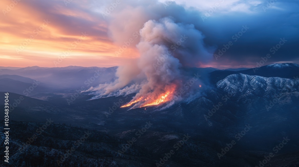 Fototapeta premium A fire is burning in the mountains, with smoke and flames rising into the sky