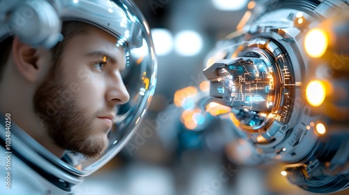 Fototapeta Naklejka Na Ścianę i Meble -  A highly detailed 3D rendered image showcasing an AI controlled futuristic spaceship deftly docking at a sophisticated orbital space station as it orbits the Earth with a dark