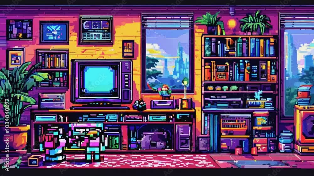 A retro living room with a TV, bookshelf, and a window overlooking a futuristic cityscape. A retro living room with a TV, bookshelf, and a window overlooking a futuristic cityscape.