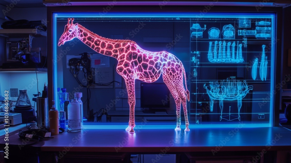 Fototapeta premium A large, glowing holographic scan of a giraffe digestive system on a lab table