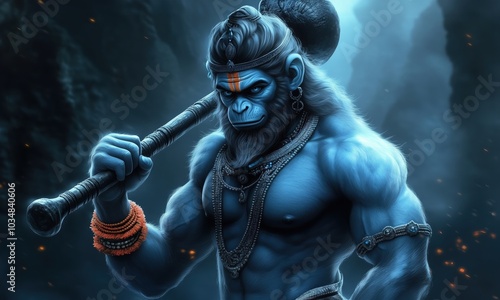 Hindu God Hanuman holding his weapon