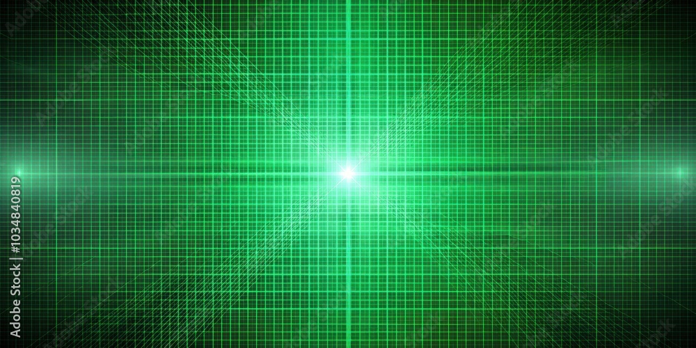 A luminous green grid with a bright center, radiating light and lines of energy. A luminous green grid with a bright center, radiating light and lines of energy.