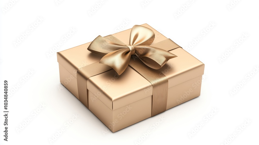 Exquisite 3D Render of Luxury Gold Gift Box with Shiny Ribbon for Holidays and Celebrations on White Background with Copy Space for Campaign Text Exquisite 3D Render of Luxury Gold Gift Box with Shiny Ribbon for Holidays and Celebrations on White Background with Copy Space for Campaign Text