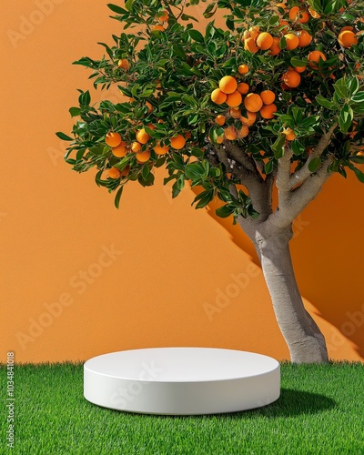 Orange Tree with White Platform on Green Grass