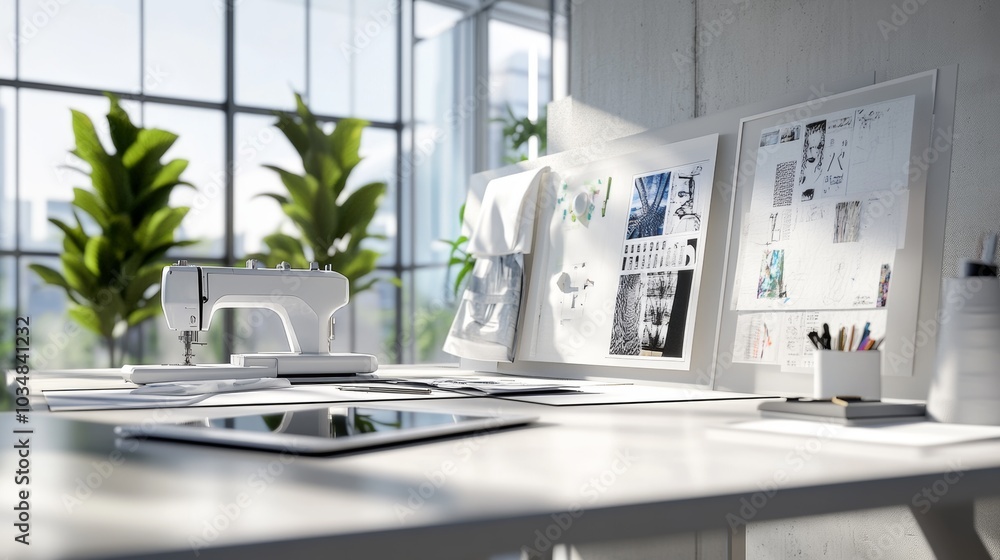 A photorealistic, ultra-detailed fashion designer's workspace in high resolution A photorealistic, ultra-detailed fashion designer's workspace in high resolution