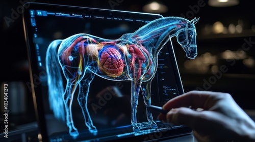 A digital tablet projecting a holographic scan of a horse muscular system