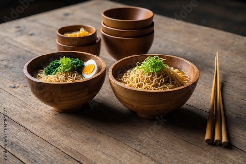 Dry ramen served in wooden bowls