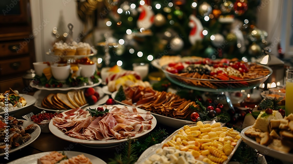 A christmas tree in the backdrop an eating surface laden with snacks and meals for dinner and decorations for the new year A christmas tree in the backdrop an eating surface laden with snacks and meals for dinner and decorations for the new year