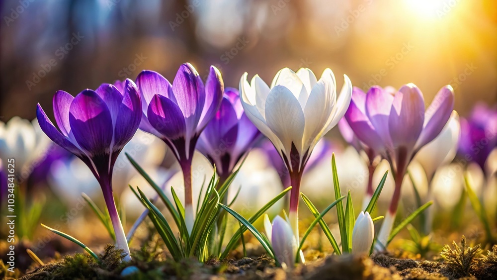 Silhouette of purple and white crocuses in early spring Silhouette of purple and white crocuses in early spring