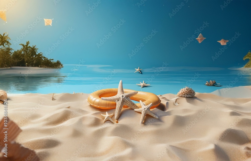A sandy beach with a yellow inflatable ring, starfish, and seashells under a bright blue sky. A sandy beach with a yellow inflatable ring, starfish, and seashells under a bright blue sky.