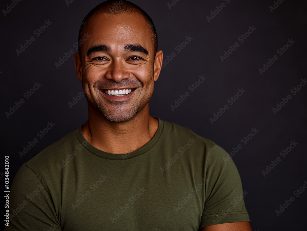 A smiling, mixed-race man in his late thirties, wearing an olive green t-shirt, facing the camera. A smiling, mixed-race man in his late thirties, wearing an olive green t-shirt, facing the camera.