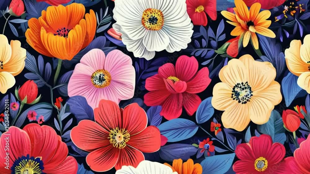 Seamless pattern of vibrant, colorful flowers in bloom. Seamless pattern of vibrant, colorful flowers in bloom.