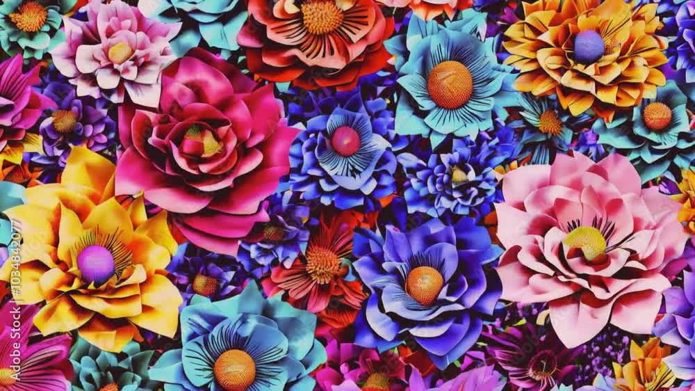 Close-up of colorful paper flowers in a vibrant display. Close-up of colorful paper flowers in a vibrant display.