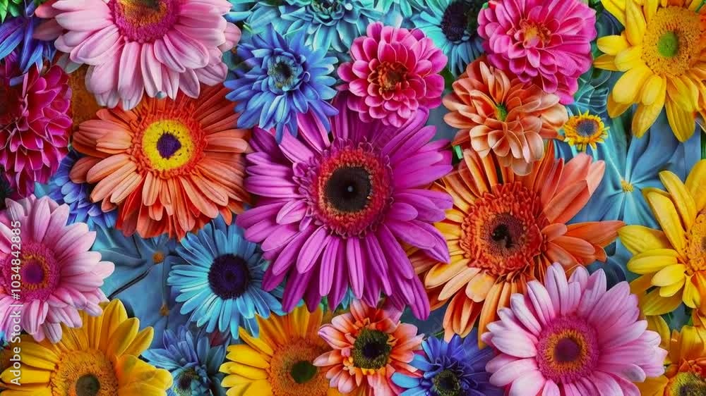 A vibrant and colorful bouquet of gerbera daisies in shades of pink, orange, yellow, and blue. A vibrant and colorful bouquet of gerbera daisies in shades of pink, orange, yellow, and blue.