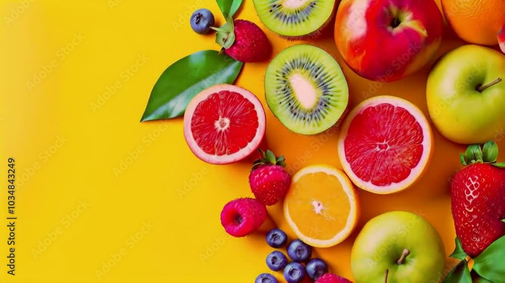 Fresh fruit slices and berries on a yellow background. Fresh fruit slices and berries on a yellow background.