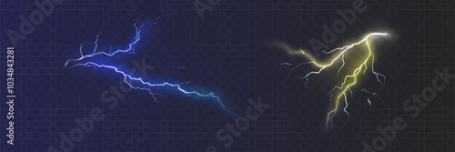 Set of the isolated realistic lightnings with transparency for design. Thunder-storm and lightnings. Magic and bright lighting effects. Natural effects